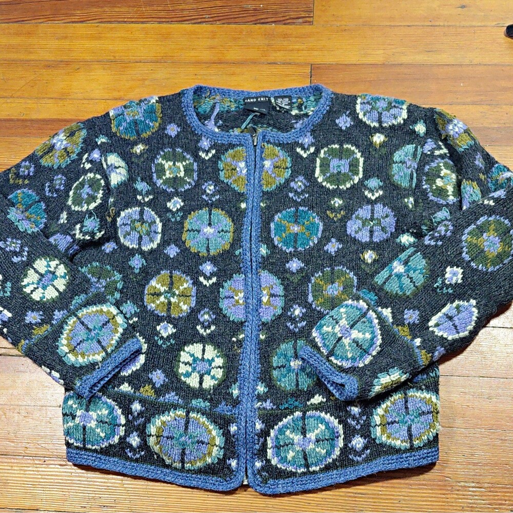 Nordic Design Women's Geometric Full Zip Knit Cardigan Sweater Long Sleeve M